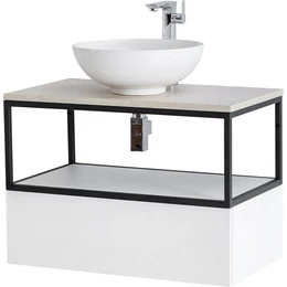 Тумба подвесная со столешницей Cezares CADRO-80-1C-SO-BG-BLUM 80 см, Bianco Ghiaccio/Nero/Marmo Crema Opaco - фото 