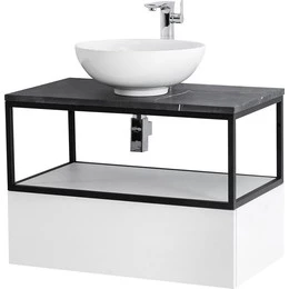 Тумба подвесная со столешницей Cezares CADRO-80-1C-SO-BG-BLUM 80 см, Bianco Ghiaccio/Nero/Marmo Nero Opaco - фото 