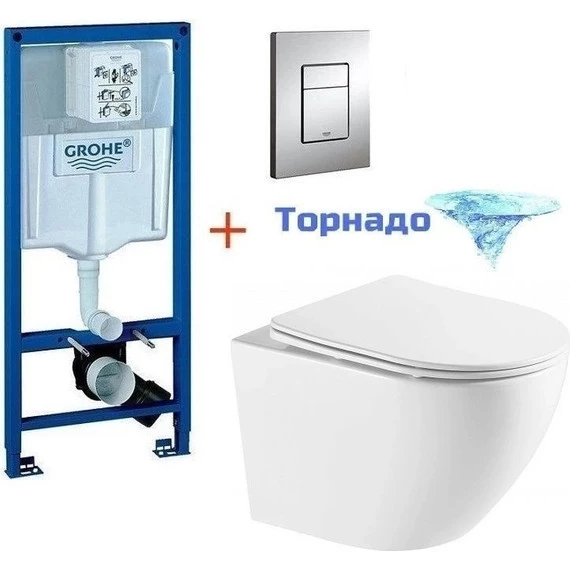 Инсталляция с подвесным унитазом комплект: Grohe Rapid SL 38772001 с подвесным безободковым унитазом Azario Grado AZ-0046-UQ1 сиденье микролифт, крепление, кнопка смыва хром (Система смыва торнадо), Цвет производителя: белый - фото 
