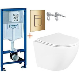 Инсталляция с подвесным унитазом комплект: Grohe Rapid SL 38772001+38732GL0 с подвесным безободковым унитазом BelBagno Uno BB3105CHR/SC сиденье микролифт, крепление, кнопка смыва золото глянцевое, Цвет производителя: золото глянцевое - фото 