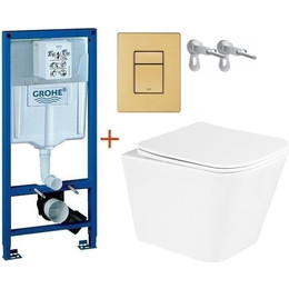 Инсталляция с подвесным унитазом комплект: Grohe Rapid SL 38772001+38732GN0 с подвесным безободковым унитазом BelBagno Due BB3103CHR/SC сиденье микролифт, крепление, кнопка смыва золото матовое, Цвет производителя: золото матовое - фото 