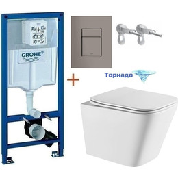 Инсталляция с подвесным унитазом комплект: Grohe Rapid SL 38772001+38732A00 с подвесным безободковым унитазом Azario Teramo AZ-0052-UQ сиденье микролифт, крепление, кнопка смыва графит, Цвет производителя: графит - фото 