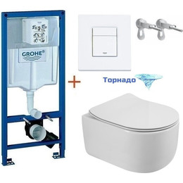 Инсталляция с подвесным унитазом комплект: Grohe Rapid SL 38772001+38732WM0 с подвесным безободковым унитазом BelBagno Soft-Tor BB084CH-TOR/SC сиденье микролифт, крепление, кнопка смыва белый матовый, Цвет производителя: белый матовый - фото 