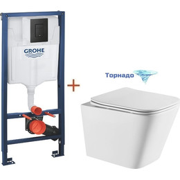 Инсталляция с подвесным унитазом комплект: Grohe Solido 38811KF0 с подвесным безободковым унитазом Azario Teramo AZ-0052-UQ сиденье микролифт, крепление, кнопка смыва чёрная матовая, Цвет производителя: чёрный матовый - фото 