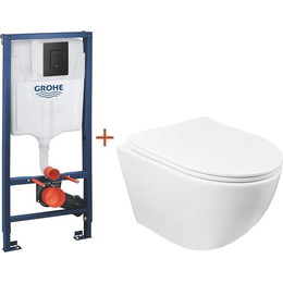 Инсталляция с подвесным унитазом комплект: Grohe Solido 38811KF0 с подвесным безободковым унитазом Azario Gloria AZ-2003 сиденье микролифт, крепление, кнопка смыва чёрная матовая, Цвет производителя: чёрный матовый - фото 