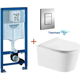 Инсталляция с подвесным унитазом комплект: Grohe Rapid SL 38772001 с подвесным безободковым унитазом Aquatek Оберон AQ1365T-00 сиденье микролифт, крепление, кнопка смыва хром (Система смыва торнадо) - фото 