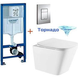 Инсталляция с подвесным унитазом комплект: Grohe Rapid SL 38772001 с подвесным безободковым унитазом Azario Teramo AZ-0052-UQ сиденье микролифт, крепление, кнопка смыва хром (Система смыва торнадо), Цвет производителя: белый - фото 