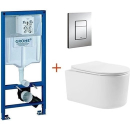 Инсталляция с подвесным унитазом комплект: Grohe Rapid SL 38772001 с подвесным безободковым унитазом Aquatek Мия AQ2004-00 сиденье микролифт, крепление, кнопка смыва хром - фото 