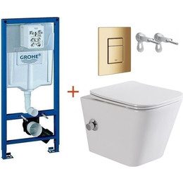 Инсталляция с подвесным унитазом комплект: Grohe Rapid SL 38772001+38732GL0 с подвесным безободковым унитазом-биде BelBagno Due BB3103CHR-BS/SC сиденье микролифт, крепление, кнопка смыва золото глянцевое, Цвет производителя: золото глянцевое - фото 