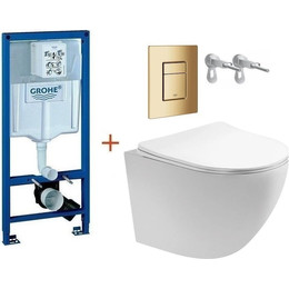 Инсталляция с подвесным унитазом комплект: Grohe Rapid SL 38772001+38732GL0 с подвесным безободковым унитазом Aquatek Европа AQ1900-00 сиденье микролифт, крепление, кнопка смыва золото глянцевое, Цвет производителя: золото глянцевое - фото 