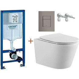 Инсталляция с подвесным унитазом комплект: Grohe Rapid SL 38772001+38732A00 с подвесным безободковым унитазом Aquatek Вега AQ1905-00 сиденье микролифт, крепление, кнопка смыва графит глянцевый, Цвет производителя: графит глянцевый - фото 