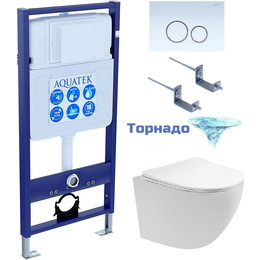 Инсталляция с подвесным унитазом комплект: Aquatek Set INS-0000012 с подвесным безободковым унитазом Европа AQ1900T-00 сиденье микролифт, крепление, кнопка смыва белая (система смыва торнадо) - фото 