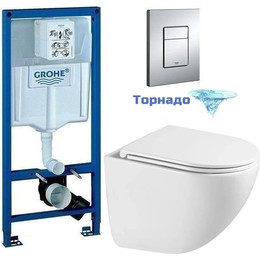 Инсталляция с подвесным унитазом комплект: Grohe Rapid SL 38772001 с подвесным безободковым унитазом Sintesi Ellipse SIN-TS-ELL-153 сиденье микролифт, крепление, кнопка смыва хром (система смыва Торнадо) - фото 