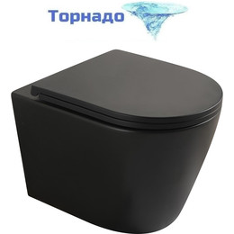 Унитаз подвесной безободковый Veconi Ando VAN-48TB (Система смыва торнадо) с тонкой крышкой микролифт, чёрный матовый - фото 