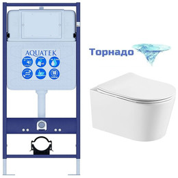 Инсталляция с подвесным унитазом комплект: Aquatek INS-0000012 с подвесным безободковым унитазом Оберон AQ1363WT-00 сиденье микролифт (Система смыва торнадо) - фото 