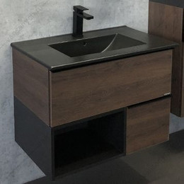 Тумба подвесная с раковиной Comforty Франкфурт 90 см (раковина 90E чёрная), дуб шоколадно-коричневый - фото 