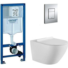 Инсталляция с подвесным унитазом комплект: Grohe Rapid SL 38772001 с подвесным унитазом Aquanet Rimless Cetus W Short LX-1900 сиденье микролифт, крепление, кнопка смыва хром - фото 