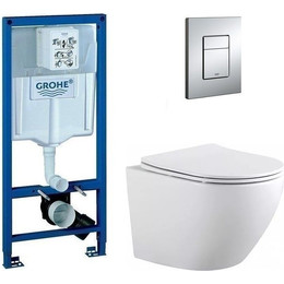 Инсталляция с подвесным унитазом комплект: Grohe Rapid SL 38772001 с подвесным унитазом Aquanet Rimless Cetus 2.0 W LX-1901 сиденье микролифт, крепление, кнопка смыва хром - фото 