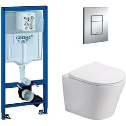 Инсталляция с подвесным унитазом комплект: Grohe Rapid SL 38772001 с подвесным безободковым унитазом Azario Atrio AZ-2330 сиденье микролифт, крепление, кнопка смыва хром - фото 