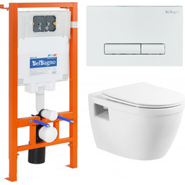 Инсталляция с подвесным безободковым унитазом BelBagno Loto BB070CHR/SC/BB002-80/BB018-GV-BIANCO (кнопка смыва Genova, белый) - фото 