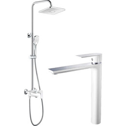 Душевой комплект Haiba: Душевая стойка HB24505-8 + смеситель для раковины высокий HB11505-8, цвет белый/хром - фото 