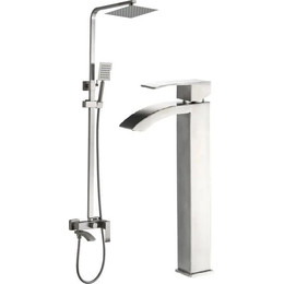 Душевой комплект Haiba: Душевая стойка HB24815 + смеситель для раковины высокий HB11815, цвет сталь - фото 