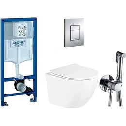 Инсталляция с подвесным унитазом комплект: Grohe Rapid SL 38772001 с подвесным безободковым унитазом BelBagno Uno BB3105CHR/SC сиденье микролифт, крепление, кнопка смыва хром + набор для гигиенического душа Haiba HB5511 - фото 