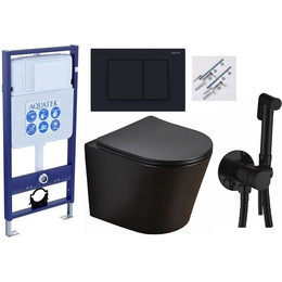 Инсталляция с подвесным унитазом комплект: Aquatek Standart 50 INS-0000012 с подвесным безободковым унитазом Azario Teramo AZ-053E-R-MB SP сиденье микролифт, крепление, кнопка смыва чёрная + набор для гигиенического душа Haiba HB5511-7 - фото 