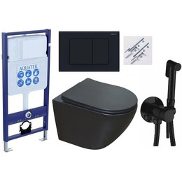 Инсталляция с подвесным унитазом комплект: Aquatek Standart 50 INS-0000012 с подвесным безободковым унитазом Azario Gloria AZ-2003MB сиденье микролифт, крепление, кнопка смыва чёрная (система смыва Торнадо) + набор для гигиенического душа Haiba HB5511 - фото 