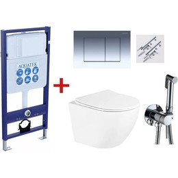 Инсталляция с подвесным унитазом комплект: Aquatek Standart 50 INS-0000012 с подвесным безободковым унитазом BelBagno Uno BB3105CHR/SC сиденье микролифт, крепление, кнопка смыва хром глянцевая + набор для гигиенического душа Haiba HB5511 - фото 