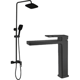 Душевой комплект Haiba: Душевая стойка HB24615-7 + смеситель для раковины высокий HB11615-7, цвет чёрный матовый - фото 