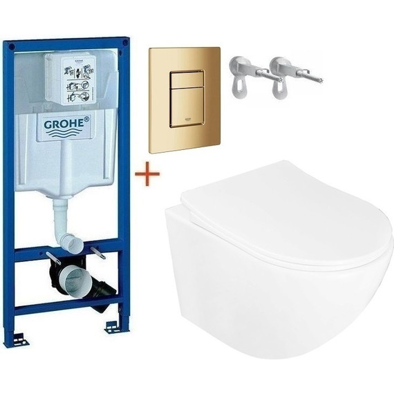 Инсталляция с подвесным унитазом комплект: Grohe Rapid SL 38772001+38732GL0 с подвесным безободковым унитазом Azario Pro CS-1049SB сиденье микролифт, крепление, кнопка смыва золото глянцевое, Цвет производителя: золото глянцевое - фото 
