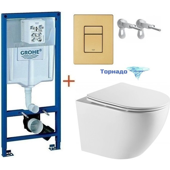 Инсталляция с подвесным унитазом комплект: Grohe Rapid SL 38772001+38732GN0 с подвесным безободковым унитазом Azario Grado AZ-0046-UQ сиденье микролифт, крепление, кнопка смыва золото матовое, Цвет производителя: золото матовое - фото 
