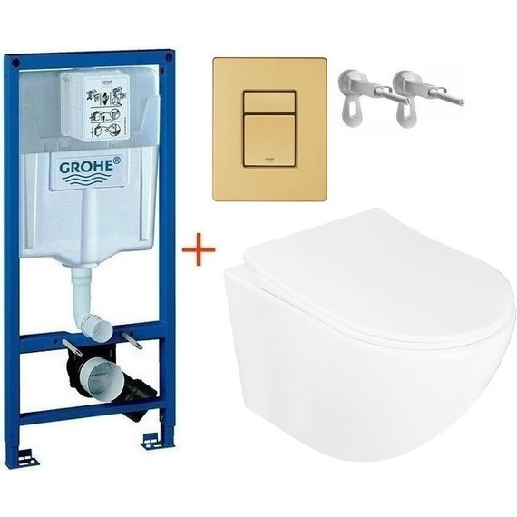 Инсталляция с подвесным унитазом комплект: Grohe Rapid SL 38772001+38732GN0 с подвесным безободковым унитазом Azario Pro CS-1049SB сиденье микролифт, крепление, кнопка смыва золото матовое, Цвет производителя: золото матовое - фото 