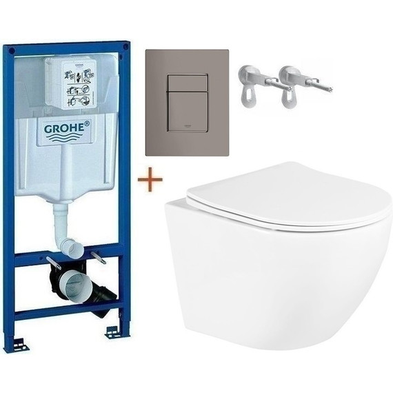 Инсталляция с подвесным унитазом комплект: Grohe Rapid SL 38772001+38732A00 с подвесным безободковым унитазом BelBagno Uno BB3105CHR/SC сиденье микролифт, крепление, кнопка смыва графит, Цвет производителя: графит - фото 