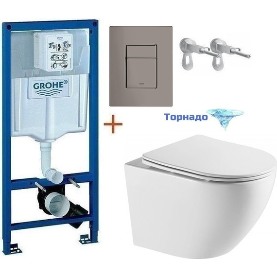 Инсталляция с подвесным унитазом комплект: Grohe Rapid SL 38772001+38732A00 с подвесным безободковым унитазом Azario Grado AZ-0046-UQ сиденье микролифт, крепление, кнопка смыва графит, Цвет производителя: графит - фото 