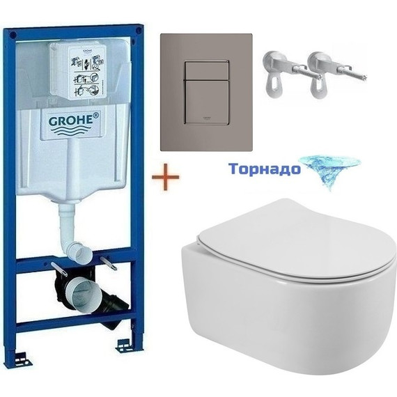 Инсталляция с подвесным унитазом комплект: Grohe Rapid SL 38772001+38732A00 с подвесным безободковым унитазом BelBagno Soft-Tor BB084CH-TOR+BB2111SC сиденье микролифт, крепление, кнопка смыва графит, Цвет производителя: графит - фото 
