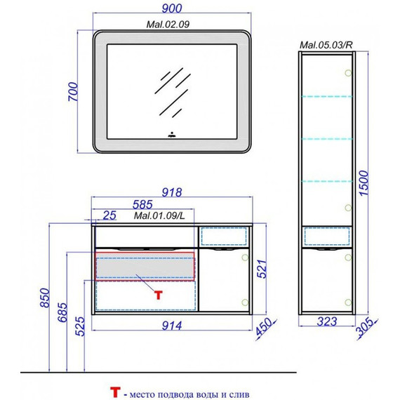 Тумба подвесная с раковиной Aqwella Malaga 90 см Mal.01.09/L/CD, белый/крафт, Цвет фасада: тёмное дерево - фото 5