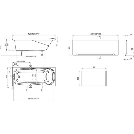 Ванна акриловая Ravak Vanda II 170х70 см CP21000000, Размер - мм: 1700х700 - фото 12