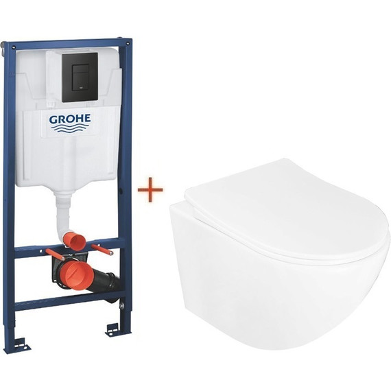 Инсталляция с подвесным унитазом комплект: Grohe Solido 38811KF0 с подвесным безободковым унитазом Azario Pro CS-1049SB сиденье микролифт, крепление, кнопка смыва чёрная матовая, Цвет производителя: чёрный матовый - фото 