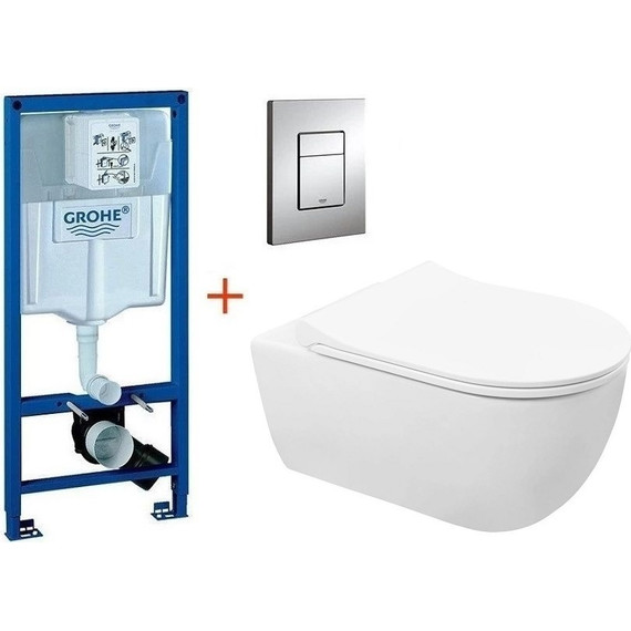 Инсталляция с подвесным унитазом комплект: Grohe Rapid SL 38772001 с подвесным безободковым унитазом Azario Ferio 87565 сиденье микролифт, крепление, кнопка смыва хром - фото 