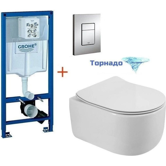 Инсталляция с подвесным унитазом комплект: Grohe Rapid SL 38772001 с подвесным безободковым унитазом BelBagno Soft-Tor BB084CH-TOR сиденье микролифт, крепление, кнопка смыва хром, Цвет производителя: белый - фото 