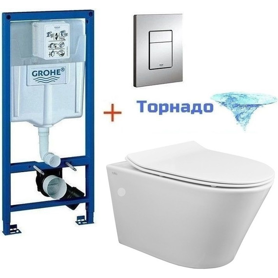 Инсталляция с подвесным унитазом комплект: Grohe Rapid SL 38772001 с подвесным безободковым унитазом Creo Ceramique Tornado CR1100NR сиденье микролифт, крепление, кнопка смыва хром (Система смыва торнадо), Цвет производителя: белый - фото 