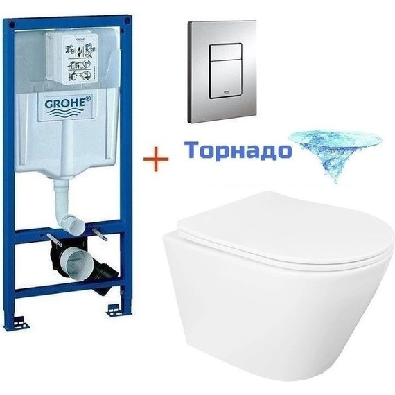 Инсталляция с подвесным унитазом комплект: Grohe Rapid SL 38772001 с подвесным безободковым унитазом Loranto Krosa 87266 сиденье микролифт, крепление, кнопка смыва хром (Система смыва торнадо) - фото 