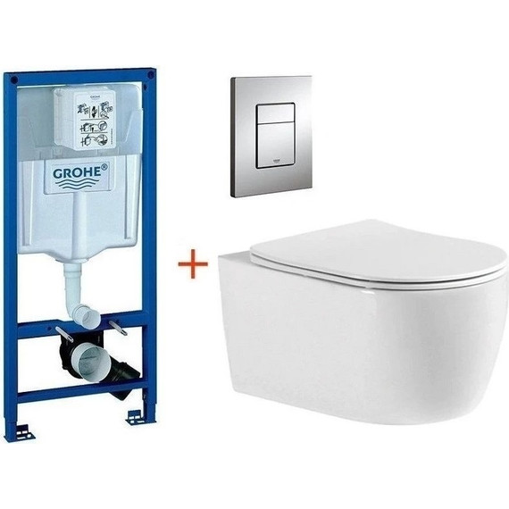 Инсталляция с подвесным унитазом комплект: Grohe Rapid SL 38772001 с подвесным безободковым унитазом Aquatek Европа AQ1106-00 сиденье микролифт, крепление, кнопка смыва хром, Цвет производителя: белый - фото 