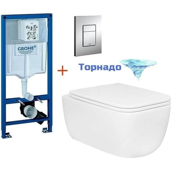 Инсталляция с подвесным унитазом комплект: Grohe Rapid SL 38772001 с подвесным безободковым унитазом Azario Flavia AZ-0076-UQ1 сиденье микролифт, крепление, кнопка смыва хром (Система смыва торнадо) - фото 