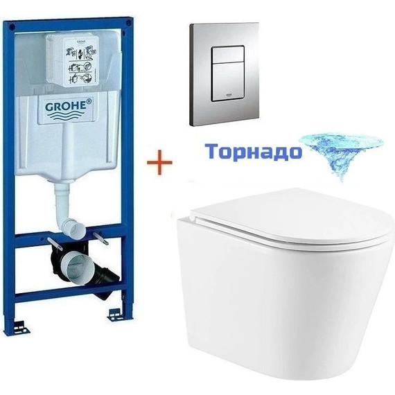 Инсталляция с подвесным унитазом комплект: Grohe Rapid SL 38772001 с подвесным безободковым унитазом Azario Teramo AZ-0053-UQ сиденье микролифт, крепление, кнопка смыва хром (Система смыва торнадо) - фото 
