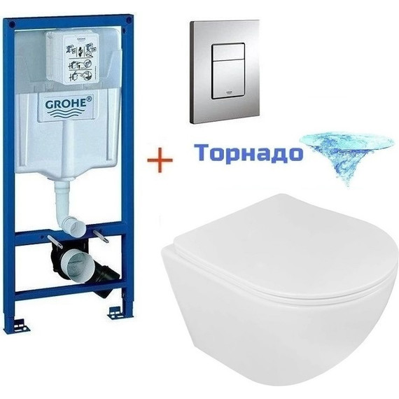 Инсталляция с подвесным унитазом комплект: Grohe Rapid SL 38772001 с подвесным безободковым унитазом Loranto Ester 87265 сиденье микролифт, крепление, кнопка смыва хром (Система смыва торнадо), Цвет производителя: белый - фото 