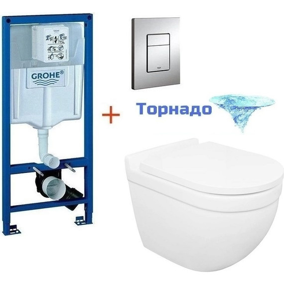 Инсталляция с подвесным унитазом комплект: Grohe Rapid SL 38772001 с подвесным безободковым унитазом Azario Fora AZ-0017-UQ1 сиденье микролифт, крепление, кнопка смыва хром (Система смыва торнадо), Цвет производителя: белый - фото 