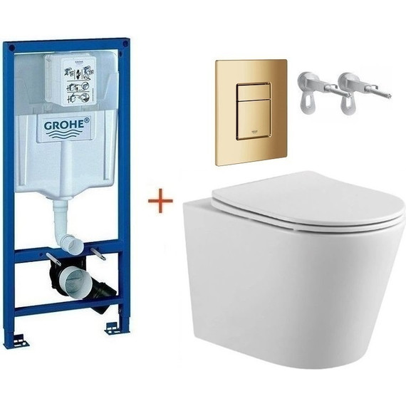 Инсталляция с подвесным унитазом комплект: Grohe Rapid SL 38772001+38732GL0 с подвесным безободковым унитазом Aquatek Вега AQ1904-00 сиденье микролифт, крепление, кнопка смыва золото глянцевое, Цвет производителя: золото глянцевое - фото 